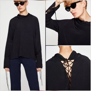 🍑NWT Zara Black Jacquard Star Premium Collection Long Sleeve Top Large